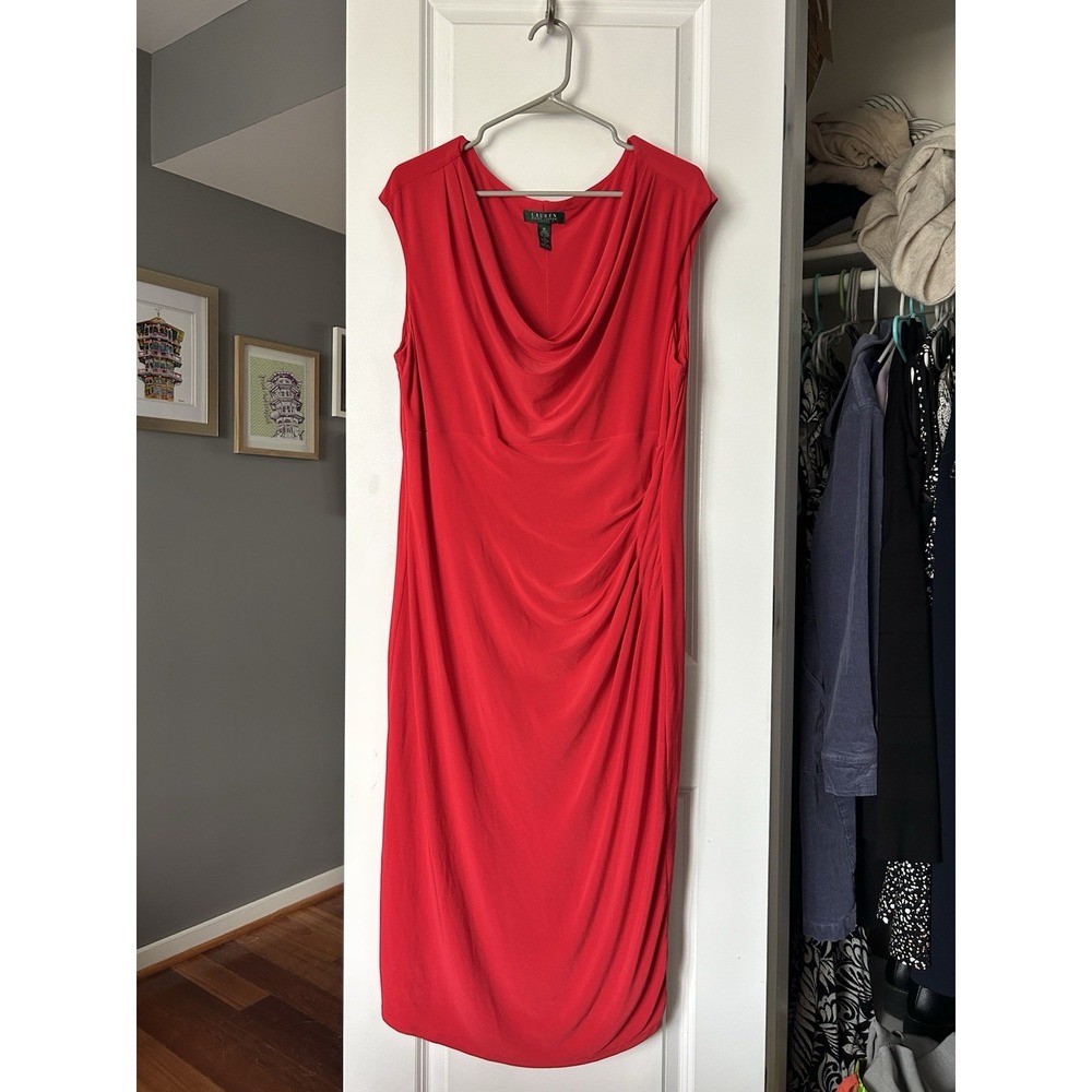 Lauren Ralph Lauren Red Draped Neck Ruched Cocktail Sheath Dress Size 16